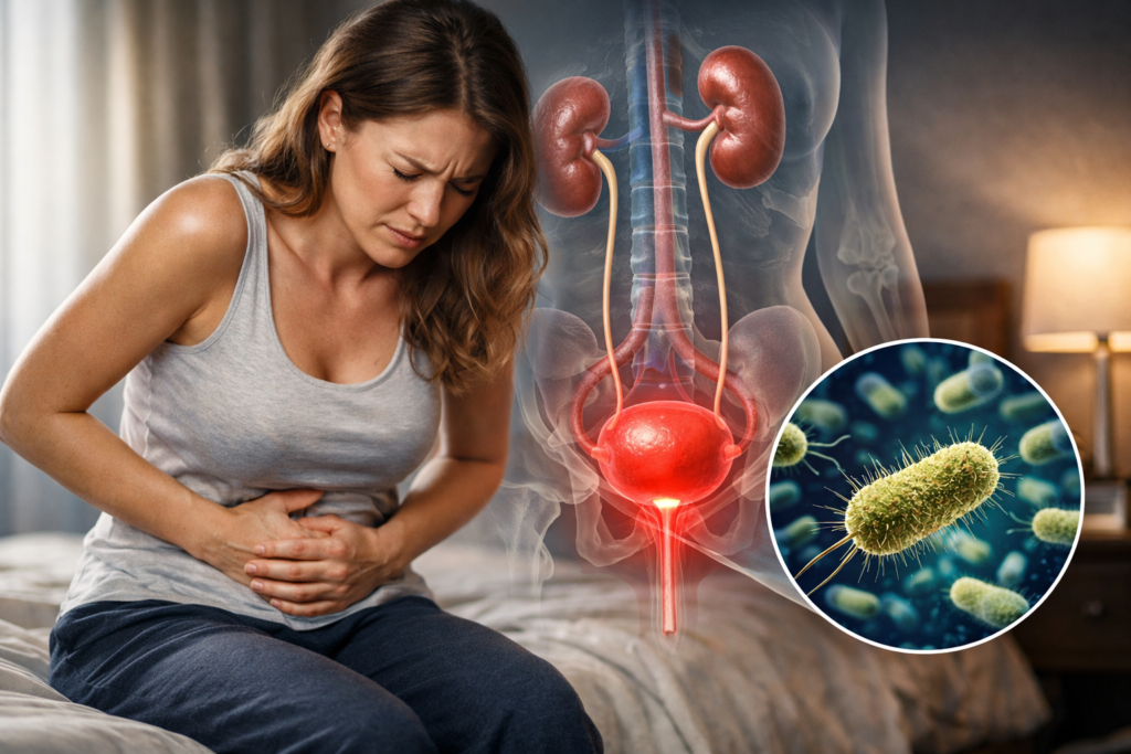 Woman experiencing urinary tract infection pain with highlighted bladder and urinary system illustration