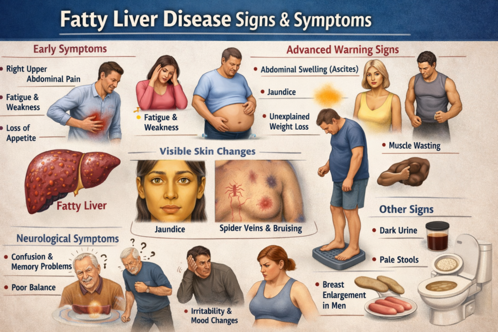 Medical infographic showing fatty liver disease signs and symptoms, including early symptoms like upper right abdominal pain, fatigue, and loss of appetite; advanced signs such as abdominal swelling (ascites), jaundice, unexplained weight loss, and muscle wasting; visible skin changes like spider veins and bruising; neurological symptoms including confusion and poor balance; and other signs like dark urine, pale stools, and breast enlargement in men.